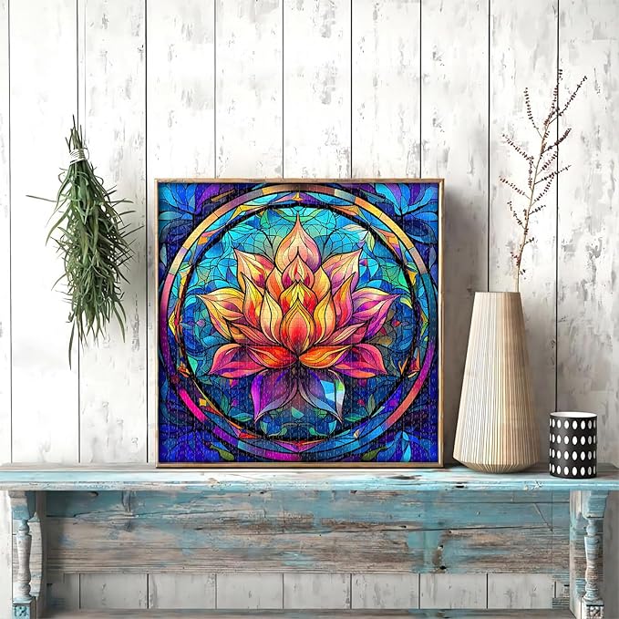 Stained Glass Puzzle for Adults 1000 Pieces, Lotus Flower Puzzles 1000 Pieces Art, Impossible Hard Challenging, Colorful Stained Glass Jigsaw Puzzle Waterlily