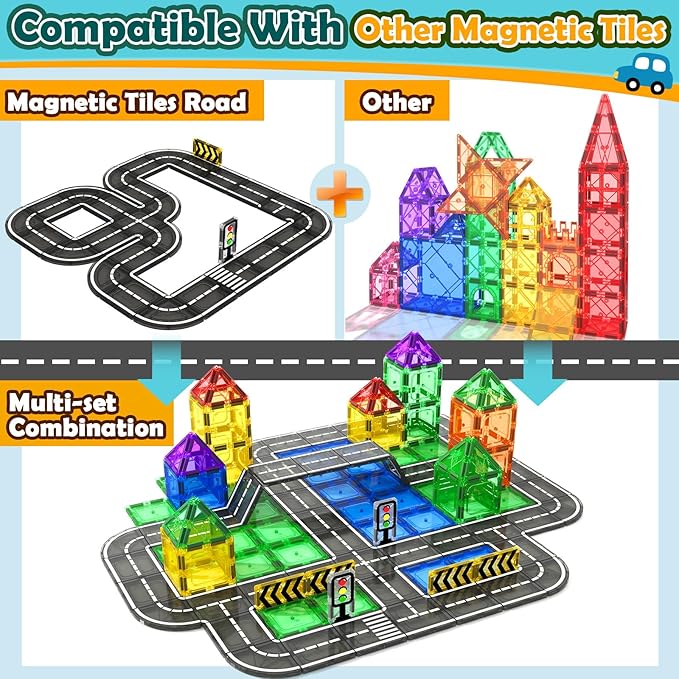 Magnetic Tiles Road Expansion Pack, STEM Magnet Building Blocks for Toddler Kids Toys, Montessori Educational Toys for 3+ Year Old Boys & Girls, Creative Toy Gifts for Kids