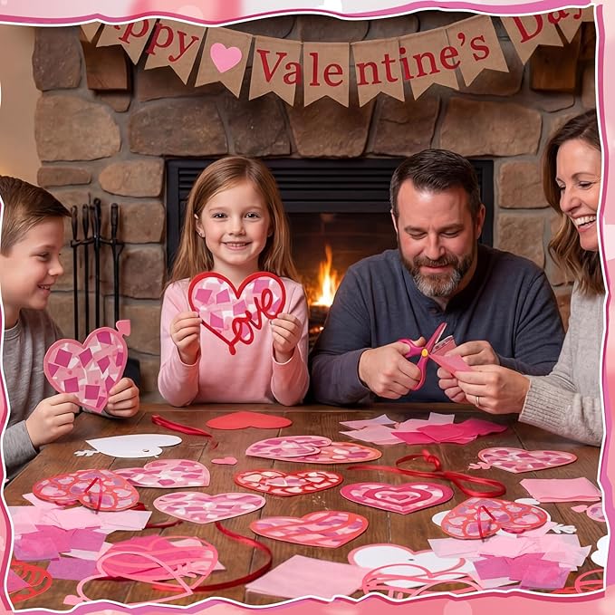 Feifeiya 24 Sets Valentine's Day Crafts for Kids Pink Heart Suncatcher Stained Glass Effect Tissue Paper Crafts Hanging Ornaments Kit for Valentine Party Favors Classroom DIY Art Project Supplies