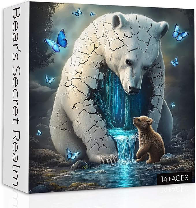 Animal Bear Puzzles for Adults 1000 Pieces, Fantasy Bears Butterfly Waterfall Jigsaw Puzzles, Nature Forest Wildlife Puzzle as Home Decor