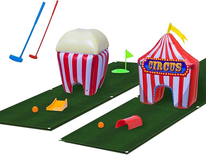FunPark Inflatable Mini Golf Set – 13-Piece Course with Adjustable Clubs, Balls, Putting Cups, Green Mats and Themed Obstacles for Indoor or Outdoor Play, Active Game for Boys ANG Girls, Ages 6+