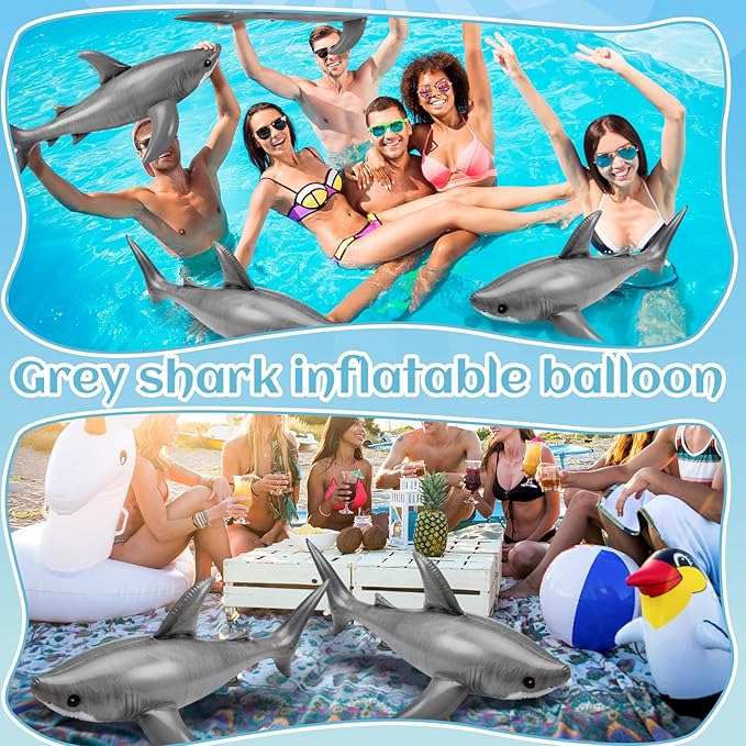 Leyndo 6 Pieces 23.6 Inch Summer Inflatable Shark Pool Balloons Large Inflatable Shark Pool Birthday Party Decorations Animal Float Ornament for Birthday Party Favors Supplies Gift
