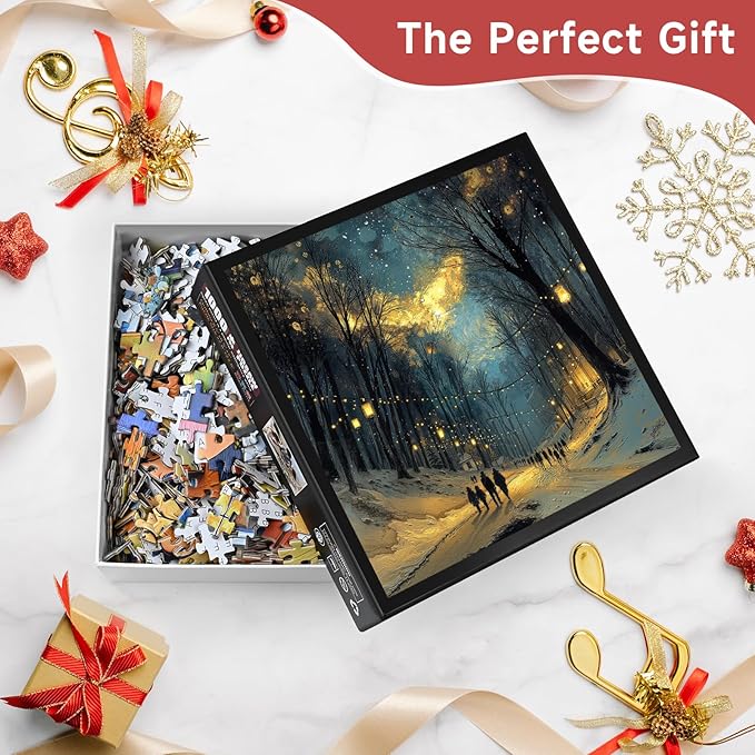 Starry Night Winter Stroll 1000 Piece Puzzle for Adults - Van Gogh Inspired Art, Snowy Lantern-Lit Path Scene, Poster & Lettered Back, 22.8" Square HD, Gift for Art & Winter Lovers