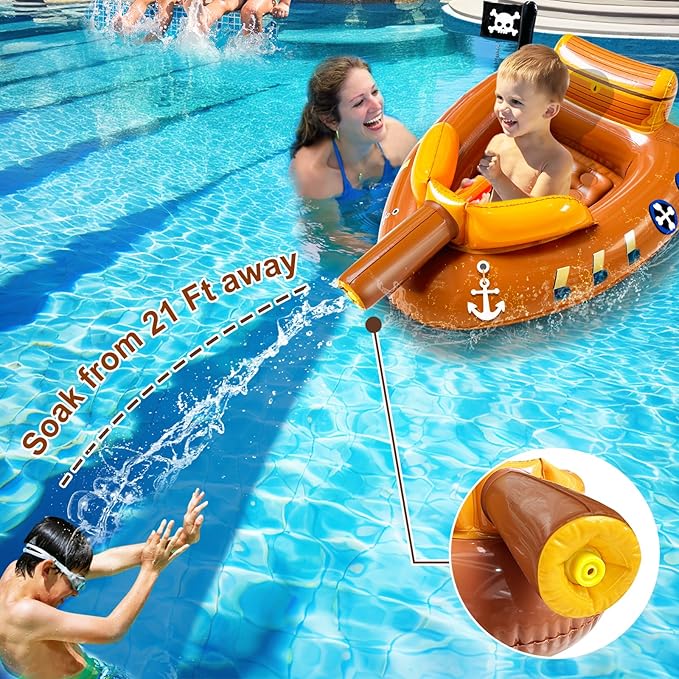 Inflatable Pirate Ship Pool Floats Kids 3-11 Years Toddler Pool Floaties with Water Cannon Gun Swimming Pool Toys Boys Girls Party Float Ride-on Floaty Rafts with Safety Seat Summer Outdoor Water Game