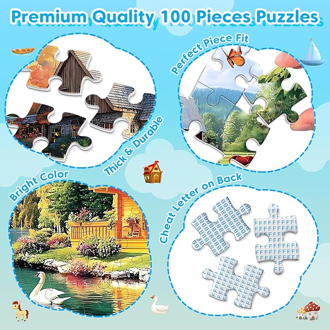 100 Piece Puzzles - 4 Themed Landscapes Large Piece Puzzles for Senior Adults Kids Puzzle Ages 5-8 Jigsaw Puzzle for Kids Ages 4-6 6-8 8-10 Year Old Educational Toys for Girls Boys 4-Pack