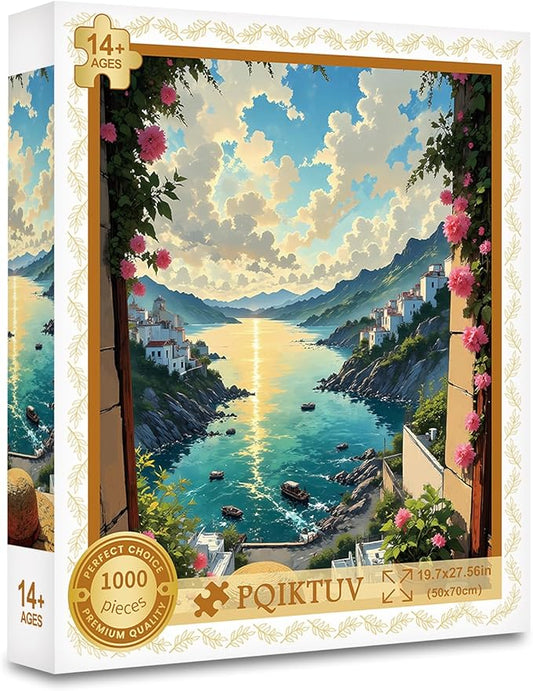 1000 Piece Puzzle for Adults Coastal Village Sunset View Jigsaw Puzzles with Letters on Back Family Impossible Challenging Puzzle Gift for Valentine Friends Parents(27.56x19.7 Inch)