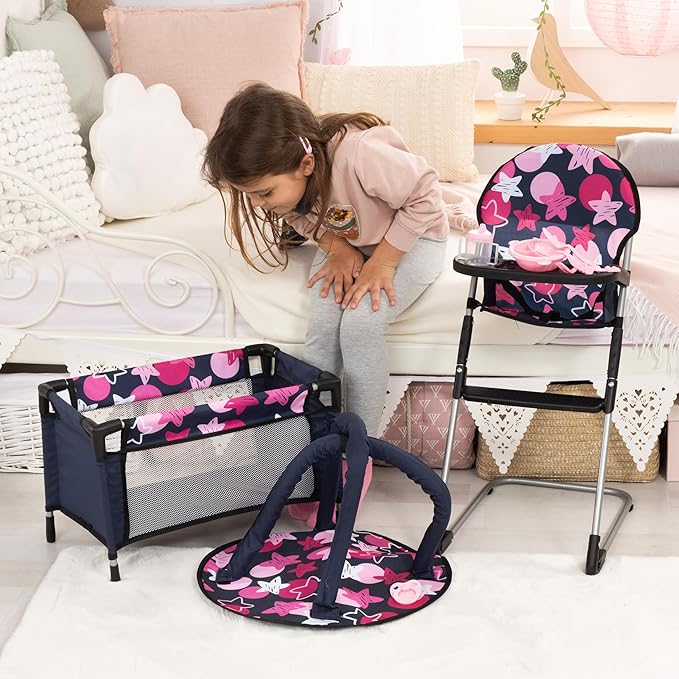 Bayer Real Life Baby Doll Accessories - 9-in-1 Furniture Set with Highchair, Travel Bed, Dining Set