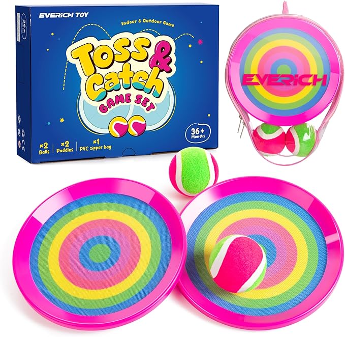 EVERICH Upgraded Toss and Catch Ball Game Set - Indoor and Outdoor Games for Kids 3-12, Beach Sand Pool Water Toy Includes 2 Paddles 2 Sticky Balls, Great Birthday Easter Gifts for Boys Girls