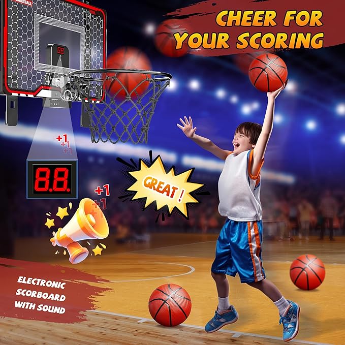 HopeRock Indoor Basketball Hoop for Kids, Over The Door Mini Basketball Hoops, with LED Light, Scoreboard, Birthday Toys Gifts for 5 6 7 8 9 10 11 12+ Year Old Boys