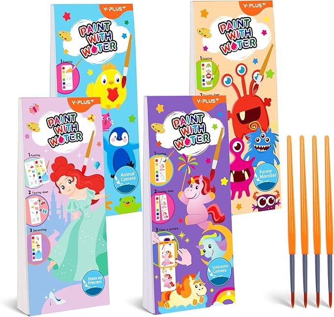 YPLUS Pocket Paint with Water Book for Toddler, Art Activities Craft Toys Watercolor Painting Paper for Kids,Gift for Kids Ages 1-3, 2-4, 4-6,Drawing with Brush- 4 Pack