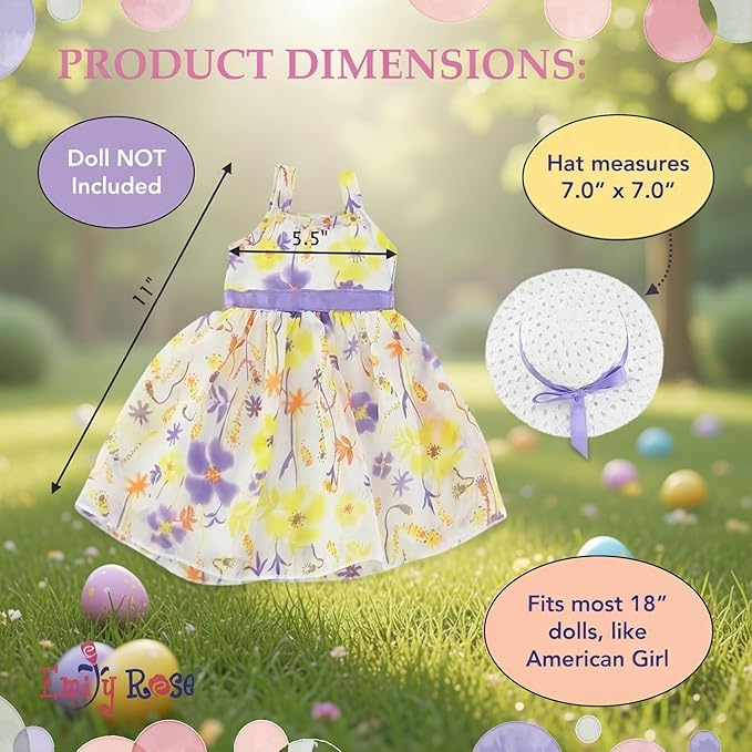 Emily Rose 18 Inch Doll Easter Spring Dress with Hat Chiffon Floral Sundress Outfit – Summer Dress & Matching Hat – Doll NOT Included – Fits American Girl Our Generation