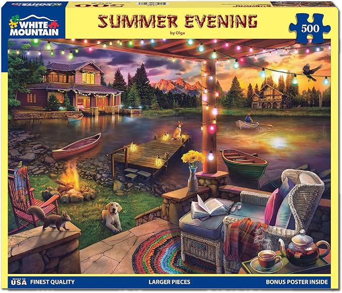 White Mountain 500 Piece Jigsaw Puzzle Lake Cabin Scenic Puzzles with Large Pieces Gift for Adults 18"x24" - Summer Evening