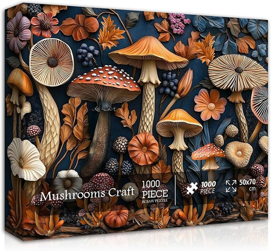 Vintage Mushroom Puzzles for Adults 1000 Pieces, Nature Mushroom Forest Flower Puzzle Art, Unique Plant Jigsaw Puzzle Retro, Impossible Challenging Puzzles for Adults