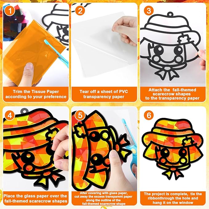 QOUBAI 32 Sets Fall Scarecrow Suncatchers Craft Kit DIY Window Stained Glass Effect Autumn Scarecrow Paper Crafts Home School Classroom Decoration Kid Birthday Gift Creative Art Project Activity Game