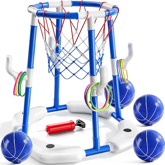 Pool Basketball Hoop for Kids, 2-in-1 Floating Pool Water Play Toys and Ring Game with 4 Balls and Pump, Outdoor Summer Swimming Pool Basketball Games Family Party for Kids Adults (Blue)