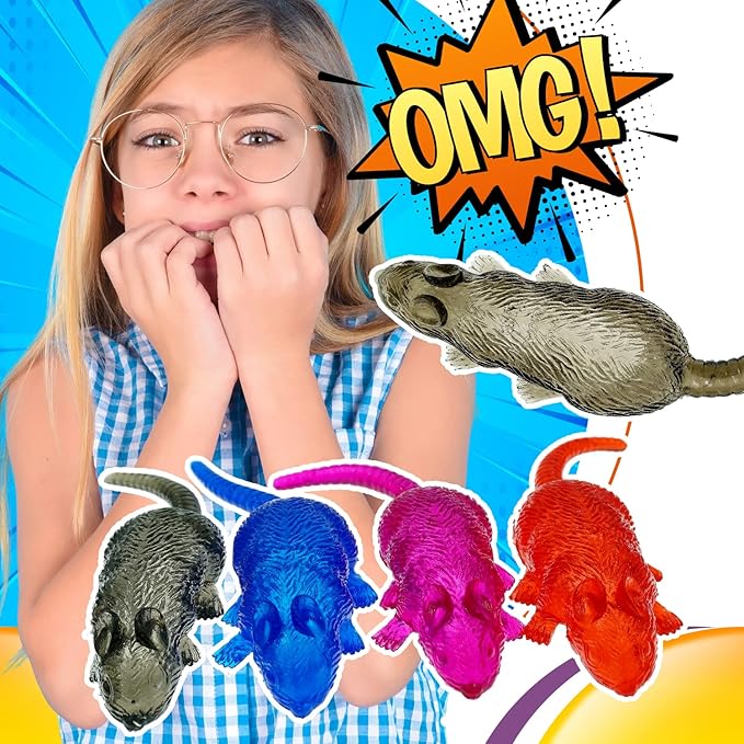 JA-RU Sticky Stretchy Rubber Rat Toys for Kids (4 Rats) – Squishy Fake Mouse Toy, Funny Gag Gifts, Stress Relief Fidget Toys, Party Favors, Goodie Bag Stuffers & Classroom Prizes. 053-4p