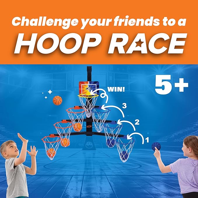 NSG Over The Door Basketball Hoop - Adjustable Height 7 Hoop Race Pyramid with 8 Mini Foam Balls & Carry Bag, Wall-Mounted, Easy Setup, Kids Indoor/Outdoor Game for Ages 5+ Years