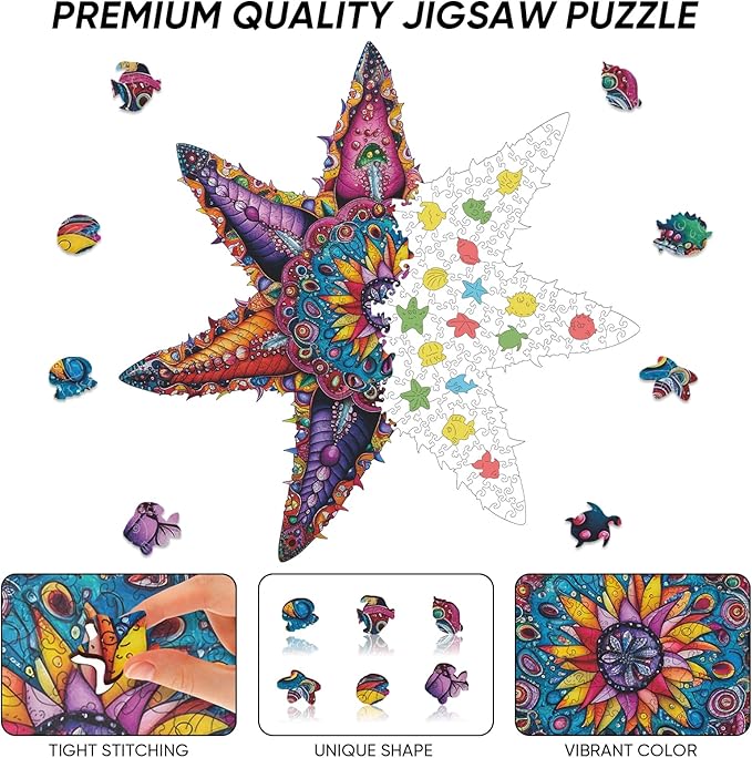 Qiuenisray Wooden Jigsaw Puzzles for Adults 500 Piece, Starfish Ocean Wood Jigsaw Puzzles, Wall Decor, FSC Certified Royal Unique Shape Adult Puzzles Piece, Creative Gift for Family Games 20.3x20.3 in