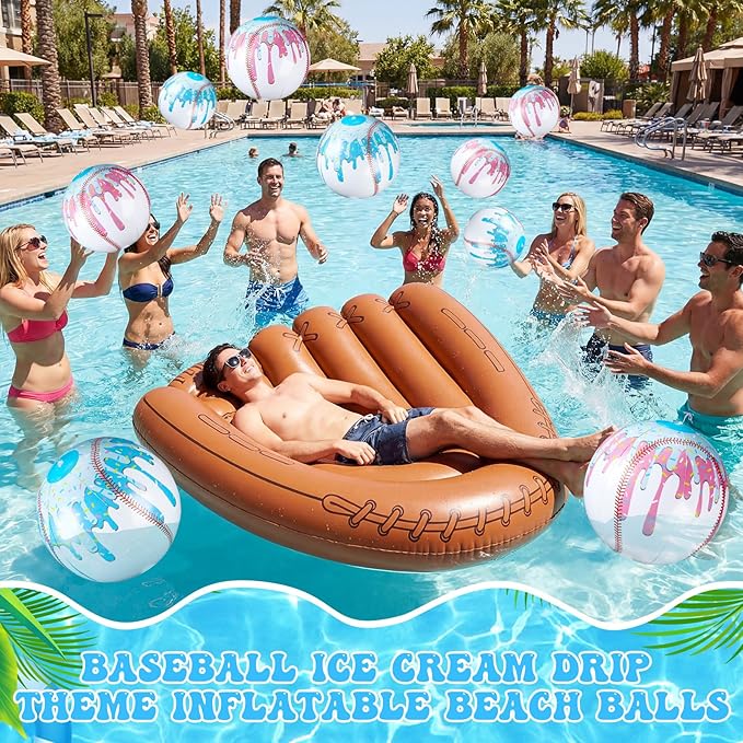 12 Pack Beach Balls, 10'' Ice Cream Drip Baseball Themed Beach Balls Inflatable Ball for Baseball Party Favors Summer Swimming Pool Birthday Holiday Outdoor Decoration(Stylish)