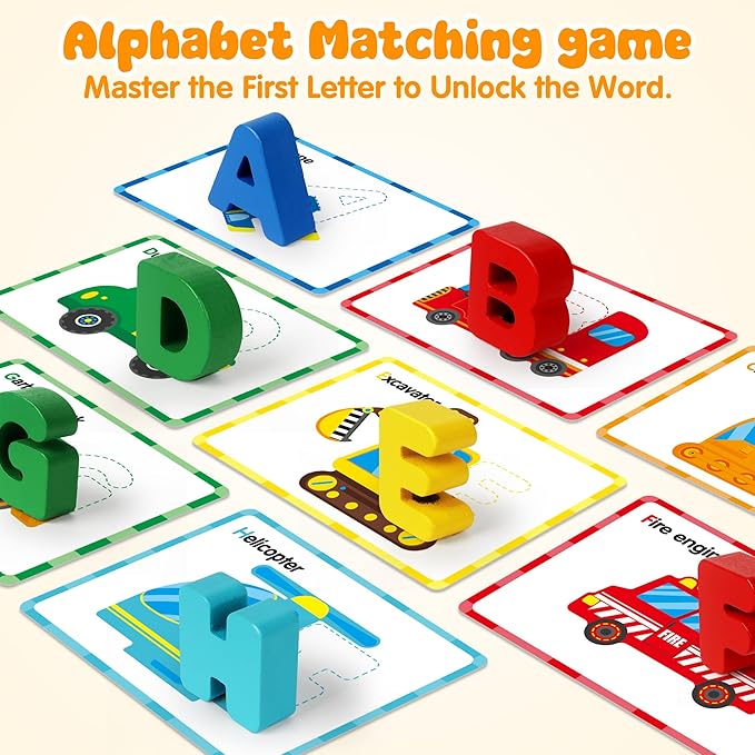 Vanmor Wooden Vehicle Alphabet Puzzle for Toddlers, Traffic ABC Letter Sight Words Matching Game with 52 Blocks and Flash Cards, Spelling Game Toys, Kindergarten Preschool Learning Activities