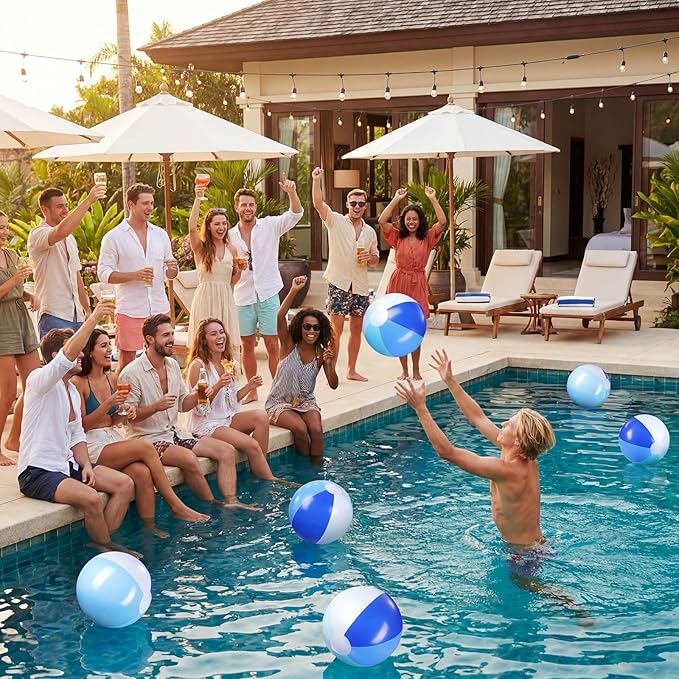 Realspring 12 Pcs Pastel Inflatable Beach Balls Kids Bulk Blue Stripe Jumbo Big Beach Balls Pool Floating Toys for Adults Water Games Baby Shower Birthday Summer Swimming Party Decor Favor(11 Inch)