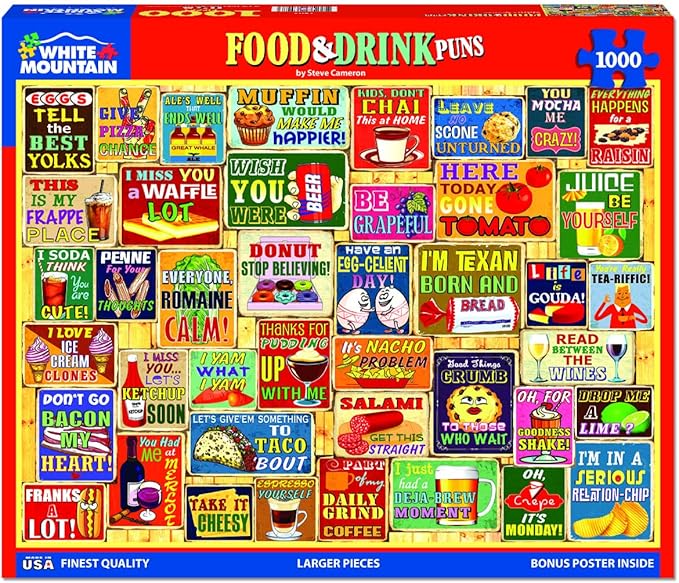 White Mountain 1000 Piece Jigsaw Puzzle Fun Food Sayings Collage Puzzles with Large Pieces for Adults and Family 24"x30" - Food & Drink Puns