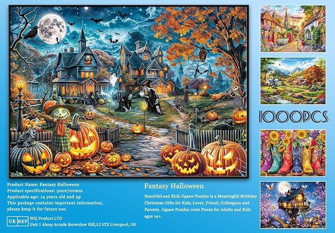 Halloween Puzzle for Adults 1000 Pieces Bats Full Moon Haunted House Witches Pumpkins Jigsaw Puzzles for Adults 1000 Piece Dark Fantasy Halloween Scene
