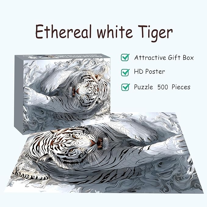 Puzzles for Adults 500 Pieces, Tiger Jigsaw Puzzles - Ethereal White Tiger, Impossible Tiger Puzzle for Seniors Families, 20.47x14.96 inches, 1:1 Poster, Letter on The Back