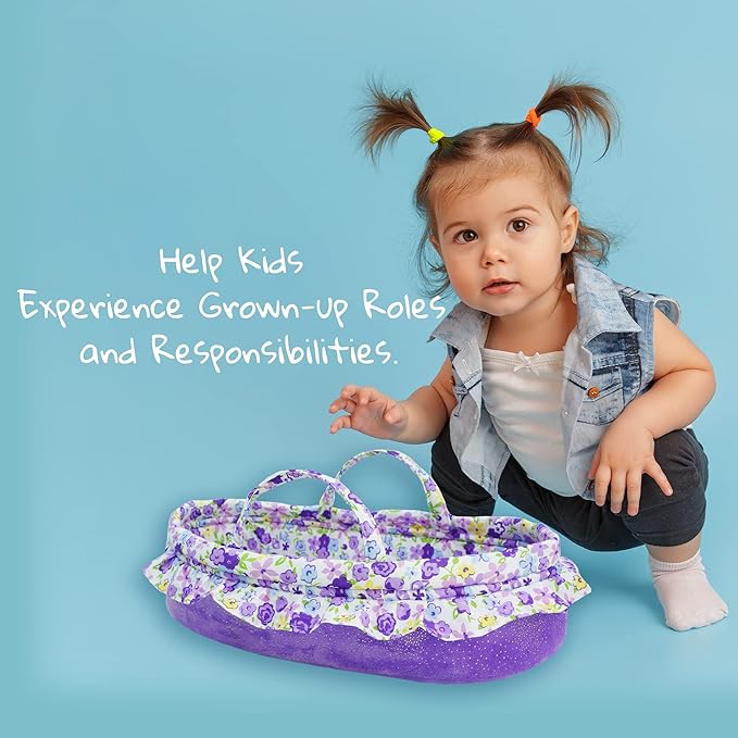 June Garden Cozy Dream Doll Bassinet - Baby Doll Portable Carrier - Fits for American Girl Dolls up to 18" - Soft Pillow & Safety Buckle Included - Purple