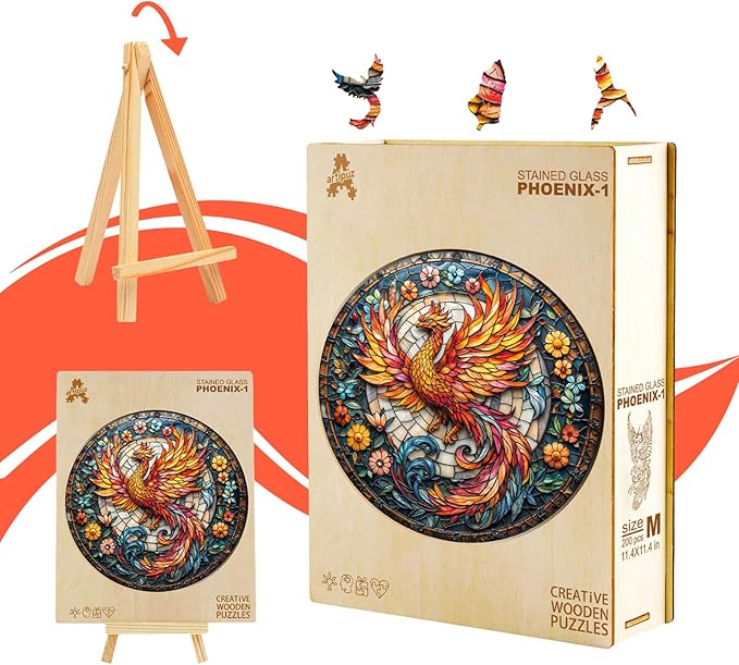 Wooden Puzzles for Adults - Stained Glass Phoenix Wooden Puzzle, Unique Shape Wood Jigsaw Puzzle for Adults, Wood Puzzles Adult, Gifts for Family, Wall Art Home Decor (100pcs 8.5 * 8.5in S)