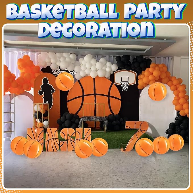 Inflatable Basketballs (Pack of 12) 16-inch Beach Balls for Pool Beach Toys & Basketball Party Favors for Kids Sports Themed Birthday Party Decorations, Outdoor Backyard Summer Pool Games Supplies