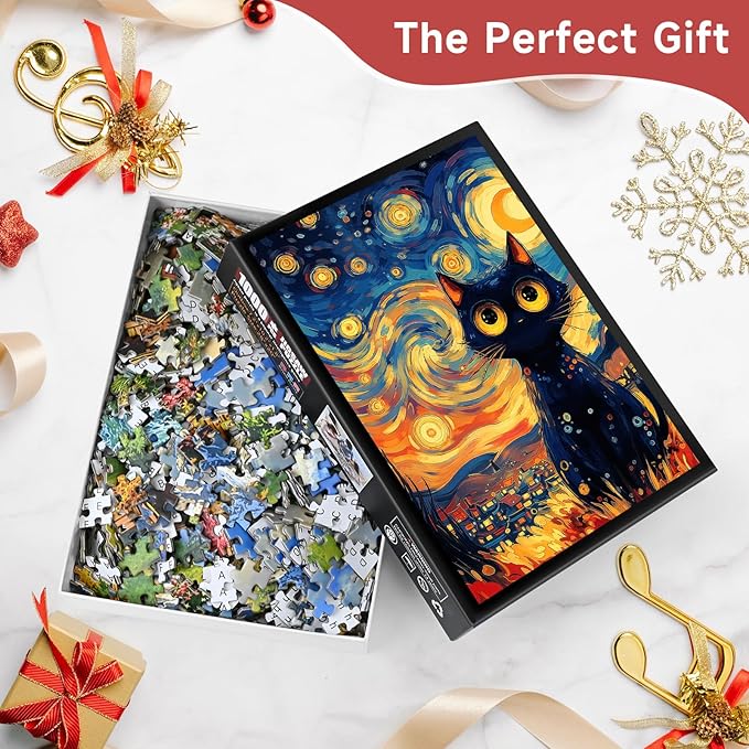 Starry Night Black Cat 1000 Piece Puzzle for Adults - Van Gogh Inspired Art, Whimsical Town Scene, Poster & Lettered Back, 20"x28" HD, Gift for Cat & Art Lovers