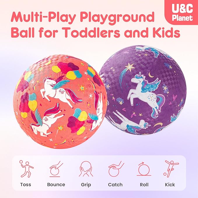 U&C Planet Playground Balls for Toddlers 1-3, 2 Pack 6 inch 8.5 inch Kickball for Kids Outdoor Indoor, Catoon Rubber Balls with Pump, Child Gift for Boys Girls 1-3 3-5 5-10