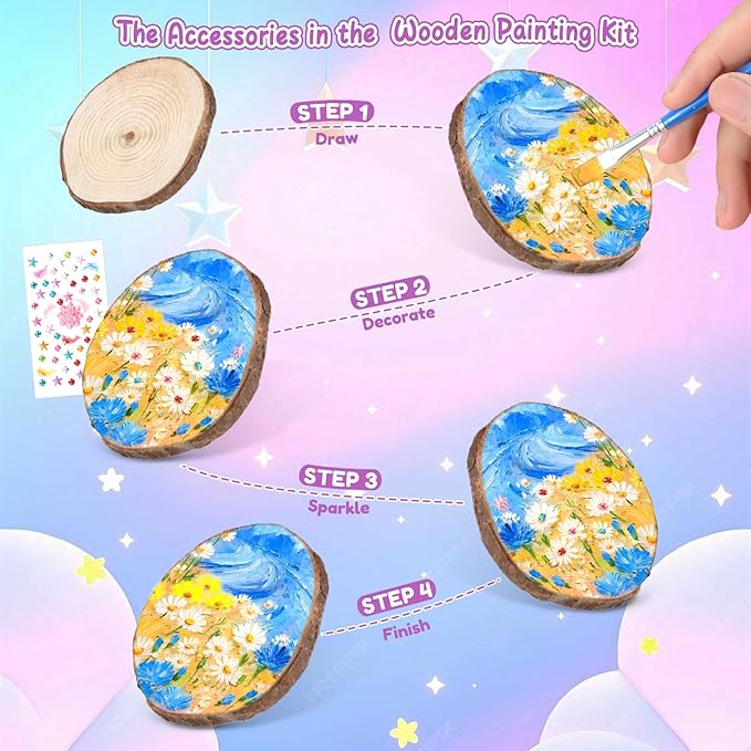 Sulataya Wooden Painting Kit for Kids 6-12, Wood Slices Craft Kit Gift Set with Assorted Gems & Diamond Painting Tools, Creative Art Activity Supplies for Boys Girls
