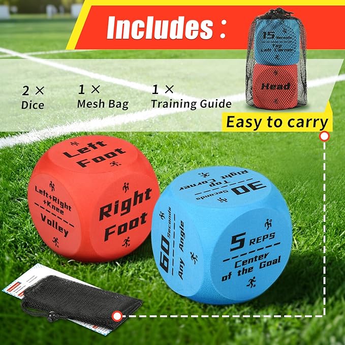 Big Size Soccer Training Dice Set, 2Pcs Soccer Gifts Shooting & Juggling Soccer with Mesh Bag Training Equipment for Games, Boost Soccer Skills with Fun Practice for 8-12 Boys & Girls