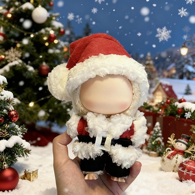 Christmas Clothes for LABUBU 17cm Doll (NO Doll) - 4 Set Handmade Crochet Holiday Outfit with Santa Hat, Top, Black Belt & Cute Pants Accessories (Santa Claus)