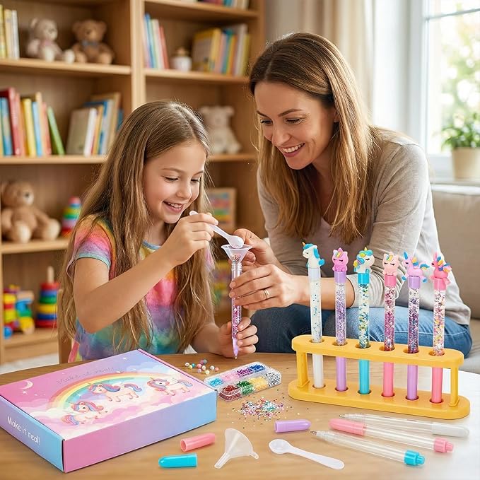 Bafeil Unicorn DIY Pen Making Kit, 15 Make Your Own Glitter Pens Creator Studio with Sequins Beads, Creative Arts & Crafts Marker Set, Personalized Colouring Pens Birthday Back School Gift