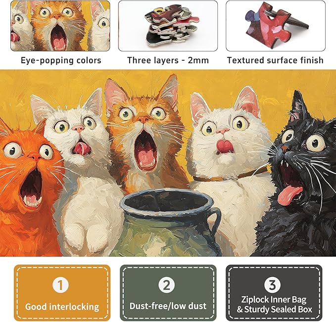 1000-Piece Adult Puzzle - Fun Jigsaw Puzzle for Adults Surprised Cats Oil Painting, Challenging Fun Puzzle for Adults, Colorful Animals Art Puzzle, Great Gift Idea, 26.65 x 19.25 in