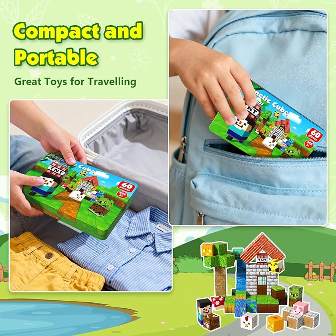60 PCS Magnetic Blocks with Metal Box, 0.8in Mini Magnetic Building Cubes STEM Educational Toys for Kids Ages 3+ Boys Girls, Travel Airplane Classroom Play, Birthday Easter Toy Gifts