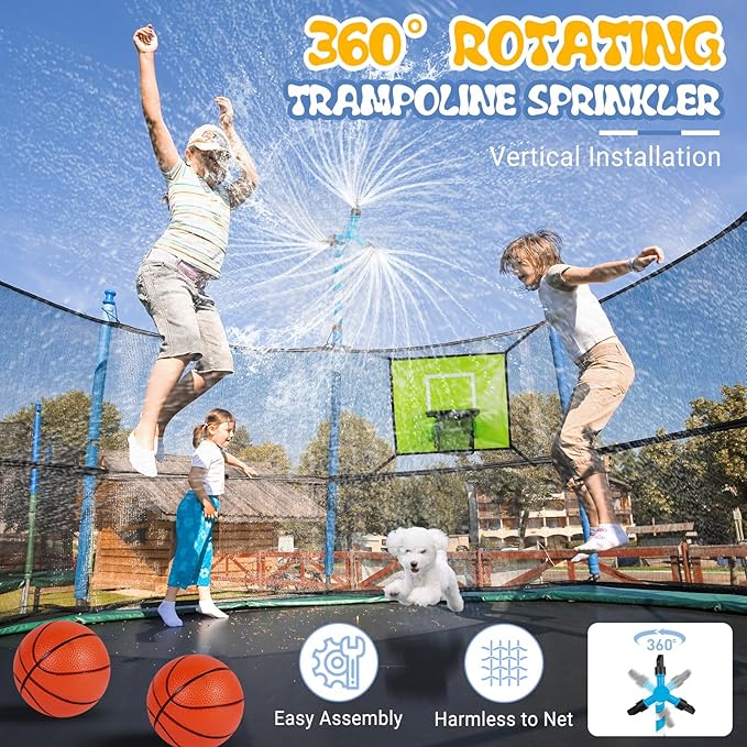 Trampoline Accessories Kit Kids,Basketball Hoop with 3 Mini Basketballs,50FT Solar Lights Fit 8 10 12 14 15 16FT Trampoline Outdoor 8 Mode,Choose from 2 Kits with Sprinkler or Dart Board & Glow Net