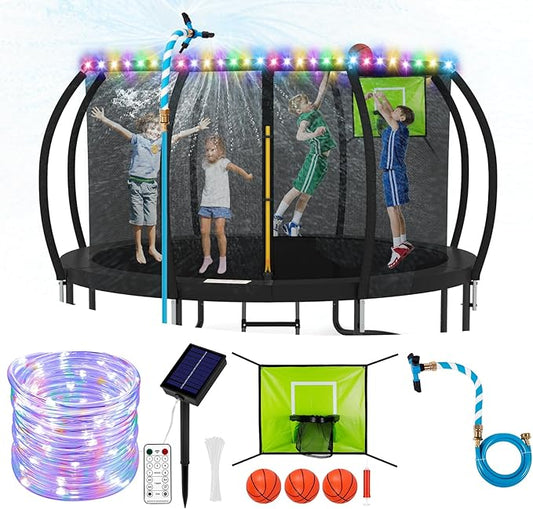 Trampoline Accessories Kit Kids,Basketball Hoop with 3 Mini Basketballs,50FT Solar Lights Fit 8 10 12 14 15 16FT Trampoline Outdoor 8 Mode,Choose from 2 Kits with Sprinkler or Dart Board & Glow Net