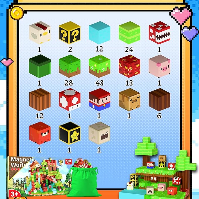Magnetic Building Blocks Sandbox World Set, 150PCS Pixel Magnet Tiles with Characters & Waterfall Scene, STEM Educational Construction Toys for Kids 3+, Creative Birthday Gift for Boys & Girls