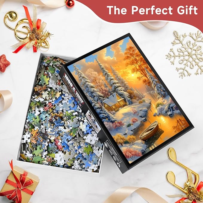 Winter Cabin 1000 Piece Puzzle for Adults - Snowy Forest & River Boat Art, Poster & Lettered Back, 20"x28" HD, Gift for Winter & Nature Lovers