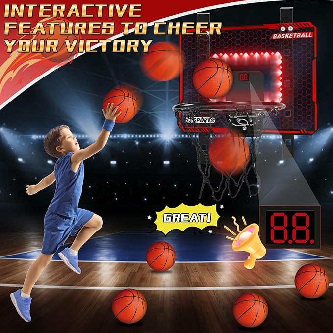 Adjustable Height Basketball Hoop Indoor with LED Lights, Basketball Toys Gifts for 5 6 7 8 9 10+ Year Old Boys Kids, Indoor Over The Door Mini Basketball Hoops with Electronic Scoreboard & 3 Balls