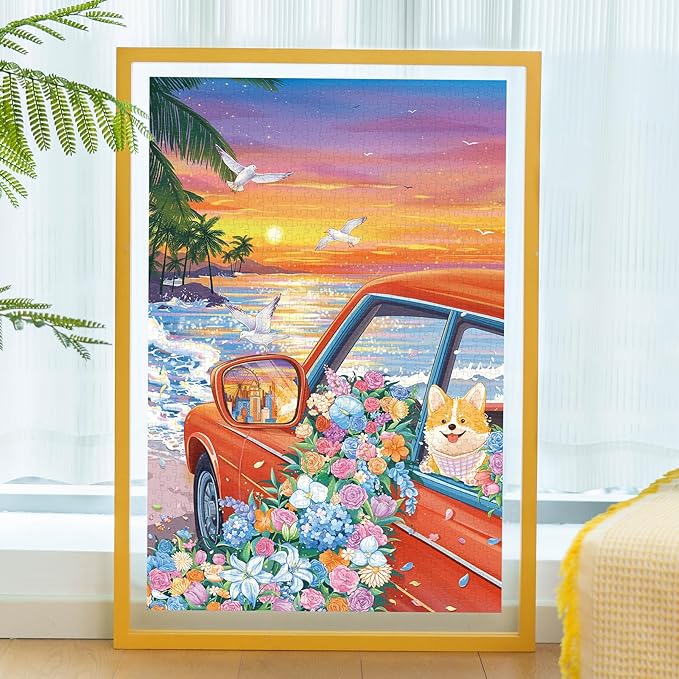 MOMIBOOK 1000 Piece Puzzle for Adults Jigsaw Puzzles of Mirror's Fleeting Light, Touch Film Seaside Dog Painting Image Challenging Hard Impossible Puzzle Unique Party Christmas Birthday Gifts