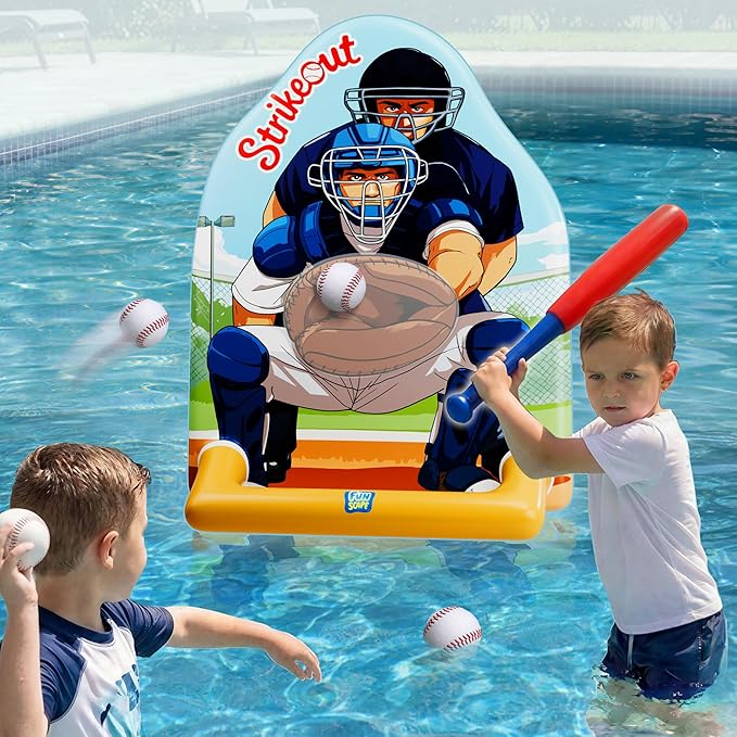 Funscape Kids Inflatable Baseball Pool Toy, Fun Swimming Pool Soft Ball Toss Game, Outdoor Yard Water Bat Target Sports Activity, Cool Summer Beach Family Party Gift 3 4 5 6 7 8 Yr Boy Girl Child Teen