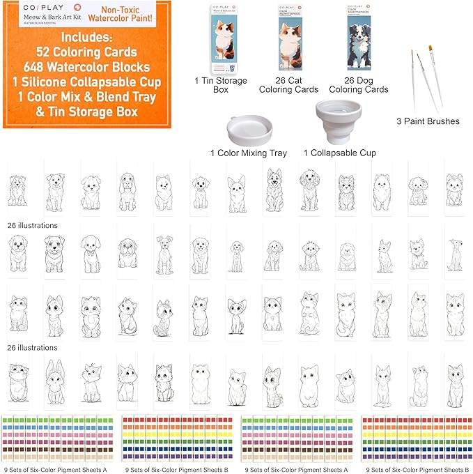 COIPLAY 648 Color Blocks Watercolor Paint Set, 52-Bookmarks, 3 Brushes, Silicone Cup, Meow/Bark Coloring Books, for All Ages, All in One Art Supplies, Birthday Gift, Christmas Gift, Gift for Adults Craft kit