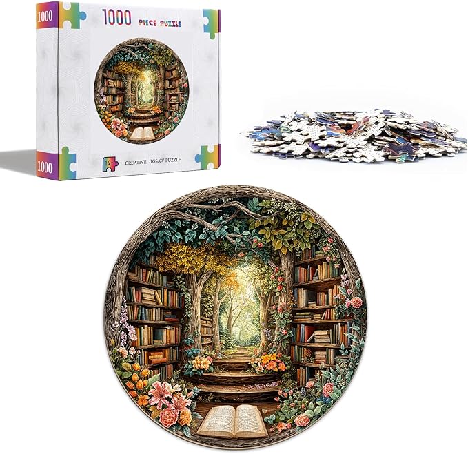 1000 Piece Round Jigsaw Puzzles for Adults, Forest Bookshelf Library, 26.5" Large Circular Puzzle with Letters on Back, Challenging Family Game & Wall Decor, Ideal Gift for Book Lover