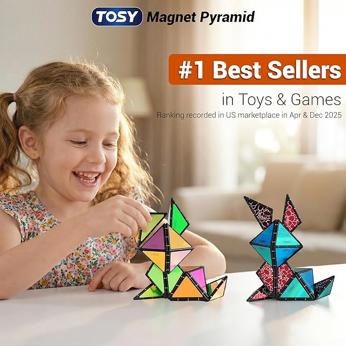 TOSY Magnet Pyramid Stone - 1 Cube Transforms into 1 Billion Shapes (Bunny, Egg, Flowers, Heart), Easter Basket Stuffers Gift, 12 pcs, 243 Magnets, Holographic Design, Puzzle/STEM Toy, 3-Pack