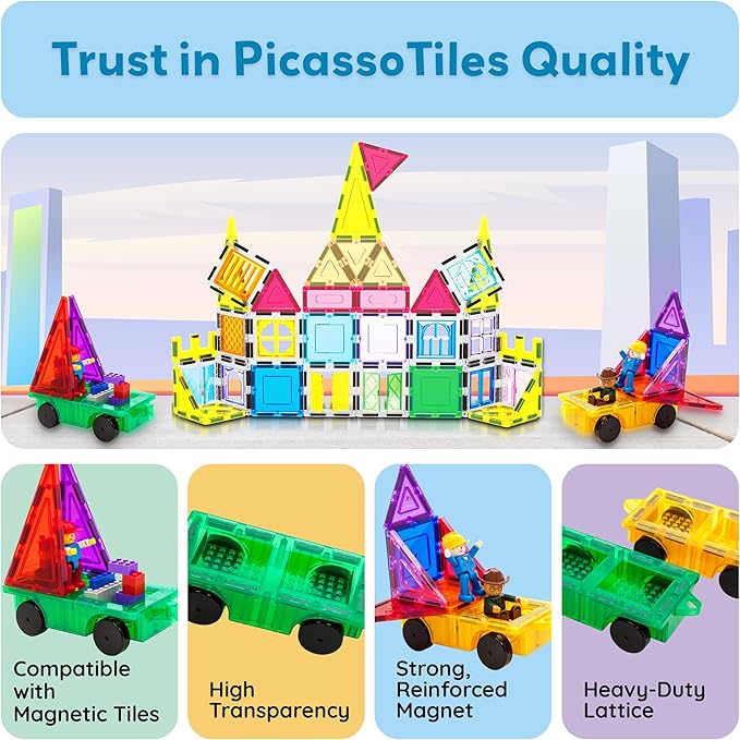 PicassoTiles 2pcs Magnetic Tiles Expansion Car Truck Building Blocks Compatible with regular bricks, Kids Magnet Bricks STEM Learning Toys, Add-ons Toddler Preschool 3 Years and up Boys and Girls PT21